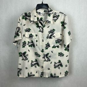 Vtg Bentley Womens Floral Blouse Sz Medium Top Button Front Shirt 90s 80s Cream